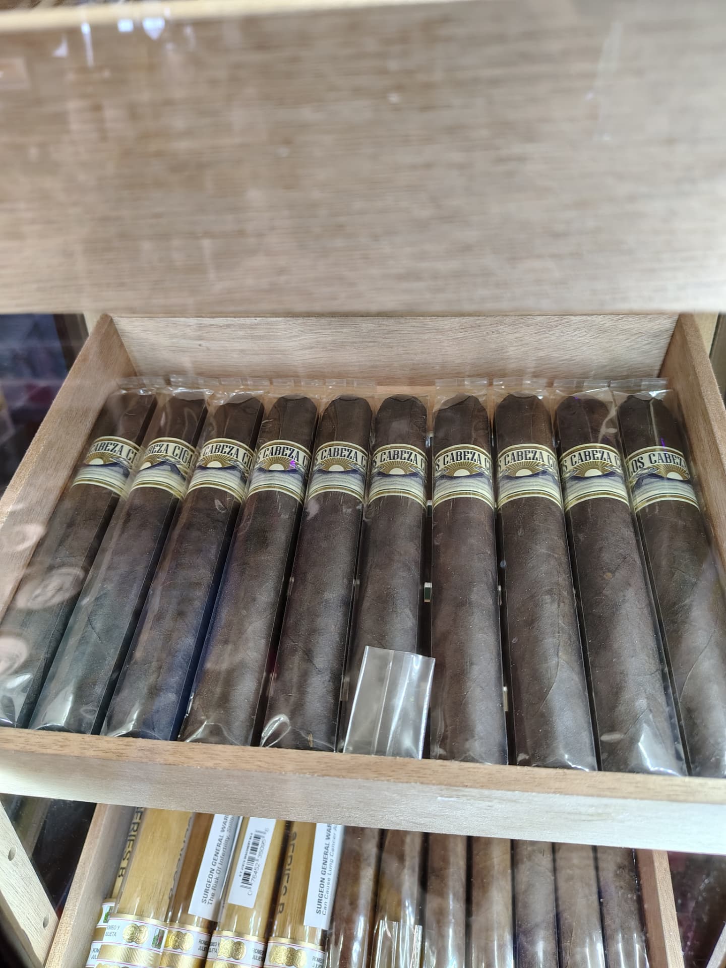 Carlos Cabeza Maduro cigars on display in the humidor