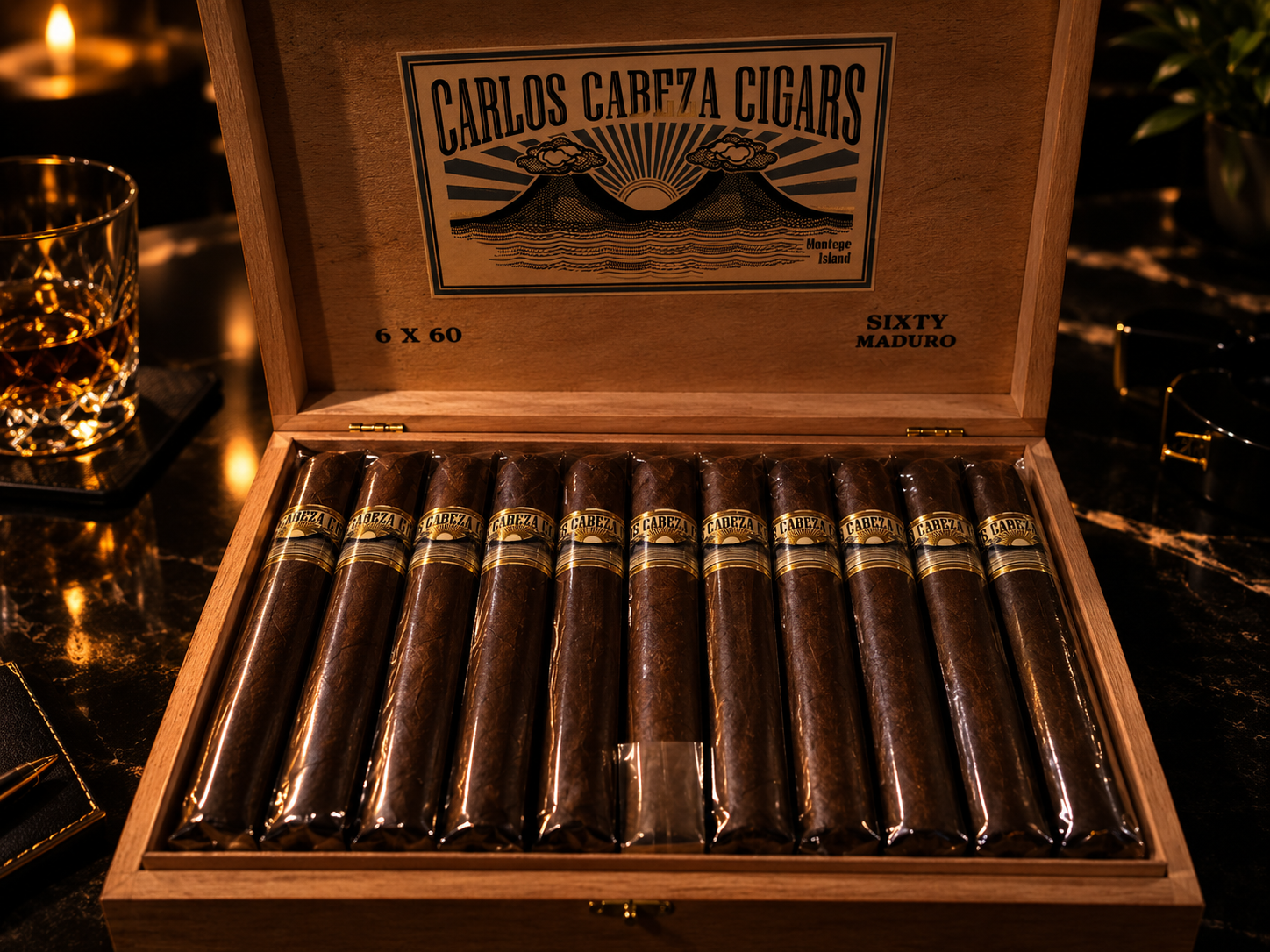 Open Carlos Cabeza Cigars box showing Sixty Maduro cigars with Ometepe Island branding