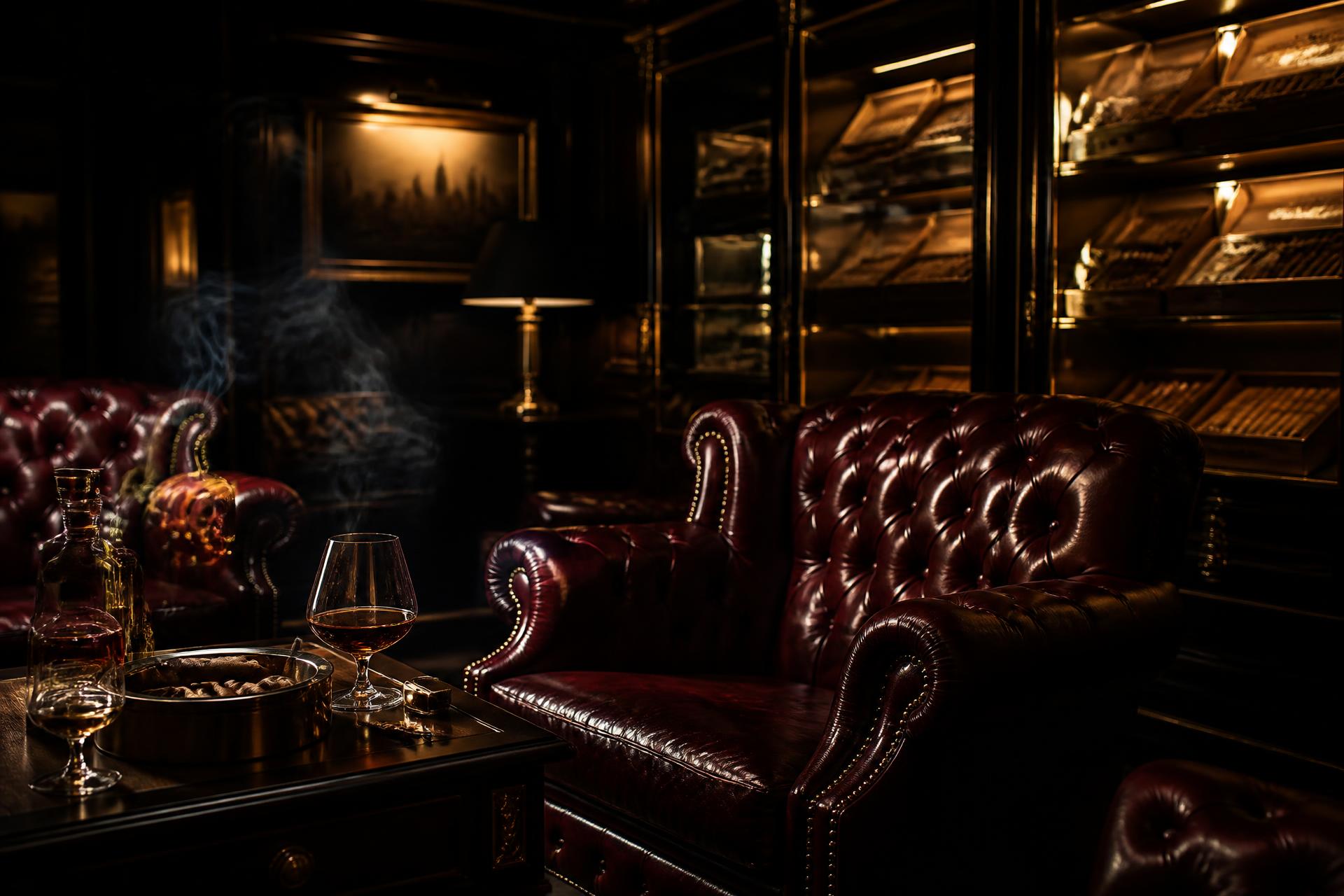 Leather seating and brass humidor cabinets in the Galveston cigar lounge